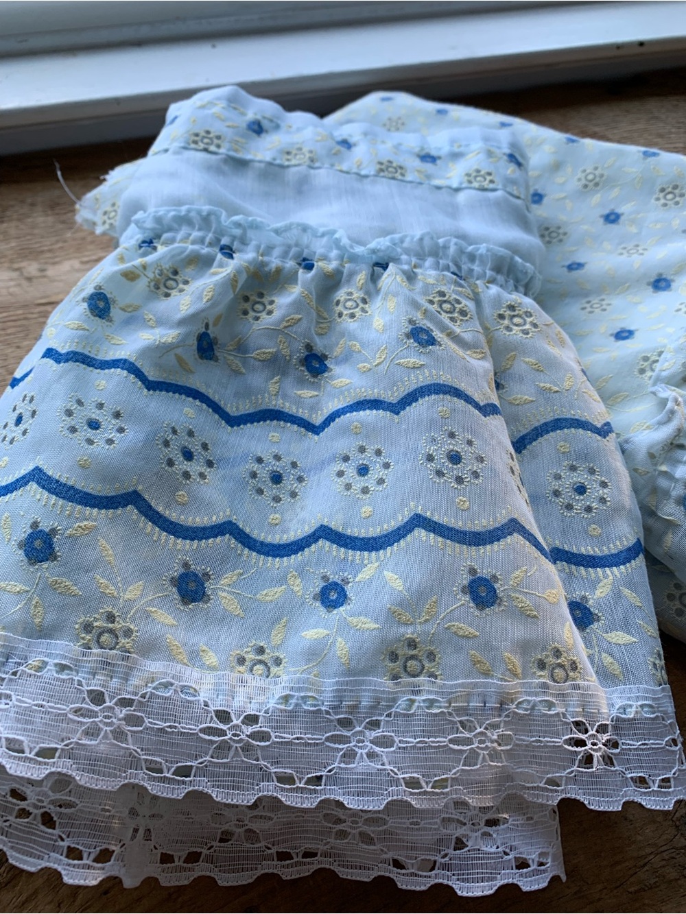 Vintage Blue Floral Eyelet Curtain and Valence Set